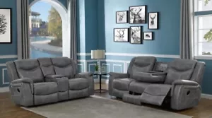 2 PC GREY FAUX LEATHER RECLINING SOFA LOVE SEAT LIVING ROOM FURNITURE SET - Picture 1 of 24