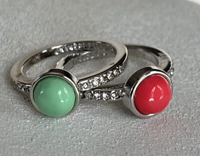 Lia Sophia Candy Dot Rings Size 7 Euc Silver Tone Hot Pink Mint Set Signed Fun - Image 1 of 4