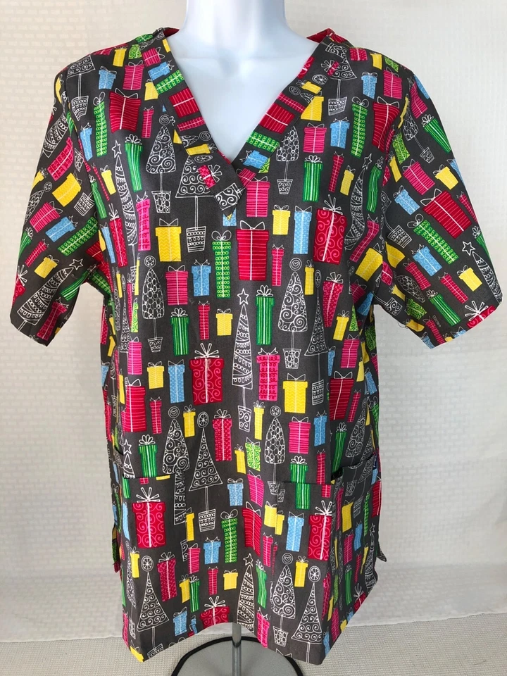 Tafford Uniforms Women Scrub Top Size M Christmas Presents Trees Pockets Holiday - Image 1 of 4