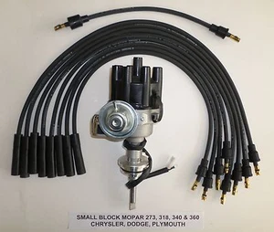 MOPAR 318 340 360 BLACK Small Female Cap HEI Distributor + Spark Plug Wires USA - Picture 1 of 1