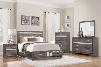 NUEVO Juego de Dormitorio 5 Piezas Gris Plata Almacenamiento Queen King Muebles Modernos Cama/D/M/N/C Foto 1 de 4