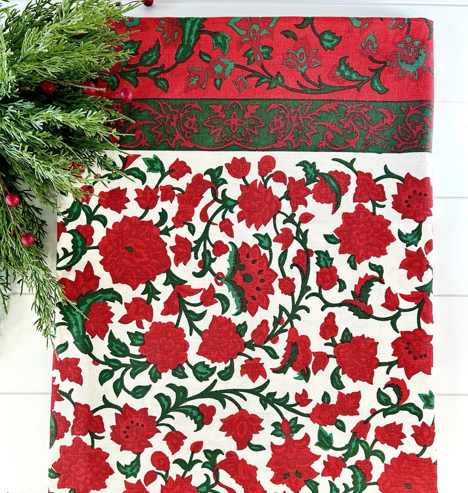 VTG Christmas Floral Tablecloth Vera Neumann Round 66” Red Green Ivory READ - Image 1 of 4