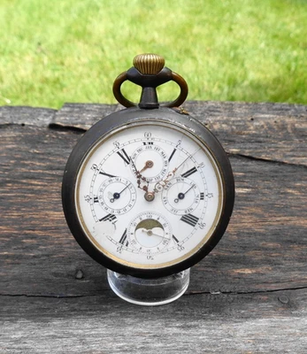 Large Men's Oversize 1890's Pocket Watch Triple Calendar Moon Phase Runs Slow - Image 1 of 4