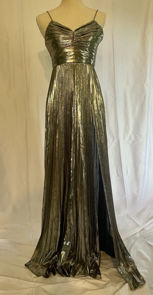 Retrofete Cherith Metallic Dress Silver Gunmetal Womens Maxi Gown XS Pleated - Image 1 of 4