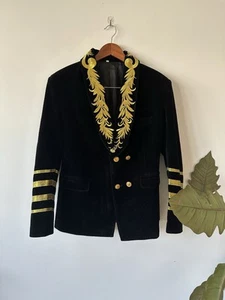 Goojixifu M Captains Blazer Classic Embroidered Shawl Lapel Velvet Suit Jacket - Picture 1 of 14