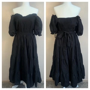 Vestido Midi City Chic Mezcla de Lino Hombro Descubierto Manga Abullonada en Niveles Negro Calado M - Imagen 1 de 15