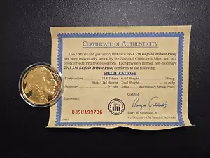 2011 $50 Buffalo NCM Tribute Proof 24kt Pure Gold Clad Bronze W/ COA - Picture 1 of 2