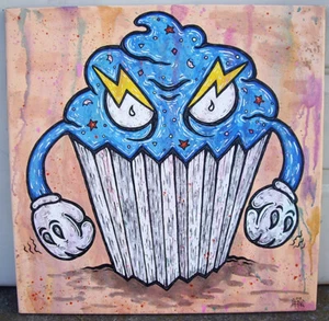 Original JUSTIN AERNI Large Painting circa 2013 canvas pop : CUPCAKE MONSTER - Picture 1 of 2
