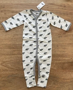 NEW! Monica + Andy Romper Coverall Size 3-6 Mos White w/ Gray Elephants Organic! - Picture 1 of 3