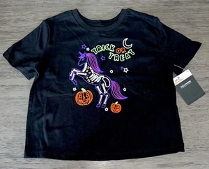 Girls Black & Neon Unicorn Trick or Treat Halloween T-Shirt Tee Shirt S M XL XXL - Picture 1 of 2