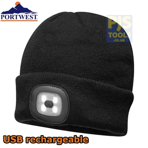 Portwest B029 black winter warm beanie hat with LED head light - Picture 1 of 1