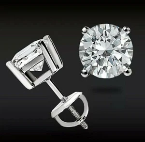 4 Ct Round Cut Real GRA Moissanite Stud Earrings 14K White Gold Screw Back 8mm - Picture 1 of 8