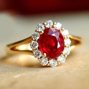 Oval Cut 1.81Ct Natural Ruby & Diamond Engagement Ring 18K Yellow Gold Size 7 8 - Picture 1 of 11