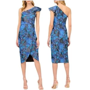 AIDAN MATTOX by ADRIANNA PAPELL Stretch Jacquard Midi Dress Blue Metallic Sz 16 - Bild 1 von 16