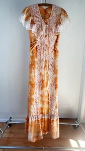 70s Prairie Gunne Sax Style Dress Maxi Orange Lace Up Back Tie Floral Size 11 - Picture 1 of 22
