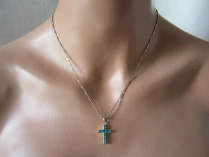 VINTAGE SOLID STERLING SILVER GENUINE BLACK OPAL CROSS PENDANT NECKLACE - Picture 1 of 18
