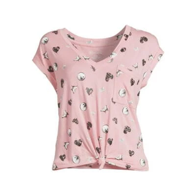 Butterfly Heart Yin Yang Print T-Shirt Juniors S 3-5 Pink V-Neck Short Sleeve - Image 1 of 4