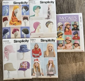 Sewing Patterns Lot of 5 | Accessories Kids Adults Hats Beanies Headscarf New - Picture 1 of 6