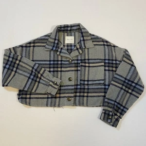 Active USA Womens Jacket Size M Grey Plaid Cropped Long Sleeve Button Up Collar - Picture 1 of 14