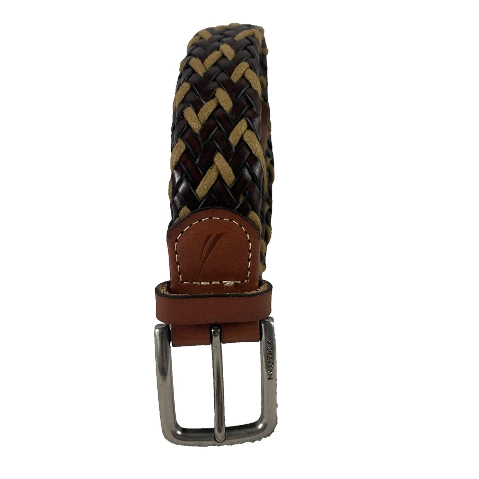 Cinto Nautica Masculino XL 42/44 Marrom Bronzeado Tecido Trançado Couro Fivela Tom Prata - Imagem 1 de 4