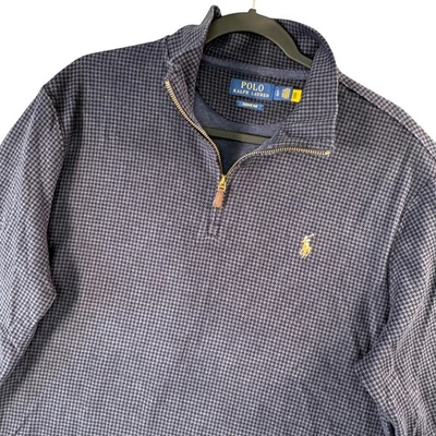 Polo Ralph Lauren Mens L Blue Houndstooth 1/4 Zip Sweater Estate Rib Preppy Knit - Image 1 of 4