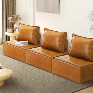 Oikiture 3PC Modular Sofa Lounge Chair Armless TOFU Back PU Leather Brown - Picture 1 of 7