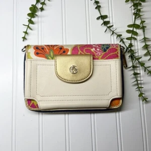Spartina Leder & Blumen umlaufender Reißverschluss Handy Geldbörse/Handgelenktasche - fehlender Riemen - Bild 1 von 9
