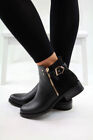 New Womens Ladies Flat Ankle Boots Casual Buckle Side Zip Low Heel Shoes Sizes