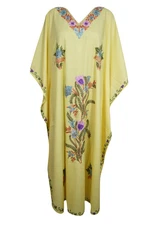 Women Yellow Embellished Caftan Floral Lounger Cotton Housedress Beach Dress 3X