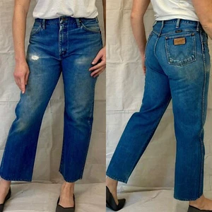 Vtg 80s Blue Faded Denim Distressed High Rise Straight Jeans Cropped Wrangler M - Picture 1 of 19