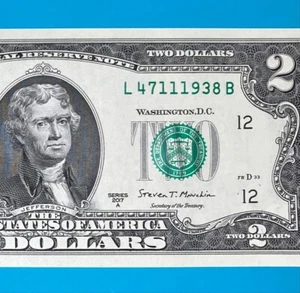 TRAILING YEAR 1938 (L 4711 1938 B) $2 Two Dollar Bill Serial Number 2017A *UNC* - Picture 1 of 4