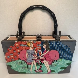 Vintage Cigar Box Purse Mid Century Modern Martinis At 5 Black Bamboo Handle 9” - Picture 1 of 11