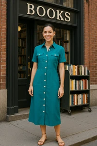 Maxi abito donna vintage nuovo con etichette anni 90 misto lino conchiglia bottoni davanti, taglia 16 - Foto 1 di 17