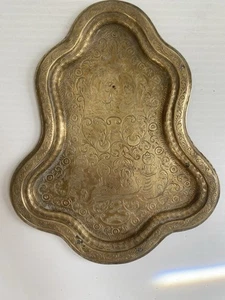 Antique Indo Persian Brass Tray Unusual Shape Etched Figures Hindu - Picture 1 of 6