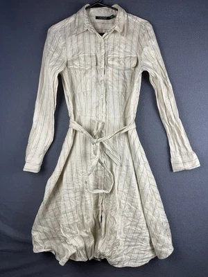 Vestido camisero Lauren Ralph Lauren con corbata frontal lino seda caqui crema tostado talla 6 Foto 1 de 4