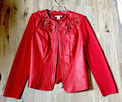 Red Peter Nygard Leather & Knit  Zip Jacket Accent Flowers & Rhinestone  SZ  M - Image 1 of 4