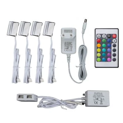 4 LED Clips RGB Glasboden-Beleuchtung Glaskantenlichter Leuchten Vitrine Schrank - Bild 1 von 4