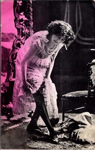Risque Woman Pulling on Stockig Hand-Tinted Postcard - Picture 1 of 2