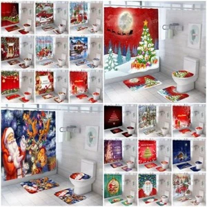 Christmas Santa Claus Shower Curtain Bathroom Rug Mat Non-Slip Toilet Lid Cover - Picture 1 of 53