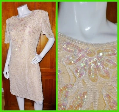 Vtg 80s ART DECO Nude Lace Sequin Bead Pearl EMBROIDERED Cocktail Formal DRESS M - Image 1 of 4