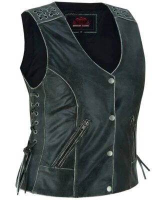 Women Leather Vest Gray Leather Vest with Side Laces and concealed Pockets - Image 1 of 4