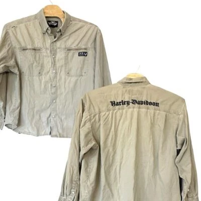 Camisa Harley Davidson Caqui Verde Envejecida Espalda Deletreada A Presión Para Hombres XXXL Foto 1 de 4