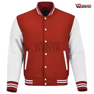 Varsity Letterman Jacket Red Wool Genuine White Leather Sleeves XS - 4XL - Picture 1 of 8