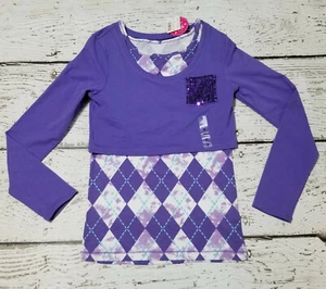 JUSTICE 12 Girls Purple Double Layered Top Argyle Long Sleeve  NEW NWT 12 - Picture 1 of 4