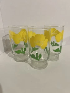 VINTAGE ANCHOR HOCKING YELLOW ORIENTAL POPPY Floral SET OF 3 Glass TUMBLERS EUC - Picture 1 of 4