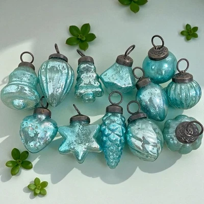 VTG Blue Kugel Style Glass Small Christmas Ripped Ornaments Heavy Lot of 12 - Image 1 of 4