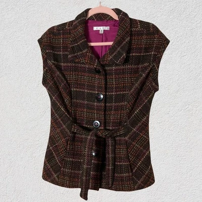 Chaqueta Chaleco Cabi Style 691 Mezcla de Lana Marrón a Cuadros Cinturón Mujer M Retro Mod Tweed Foto 1 de 4