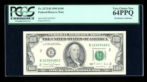 DBR 1990 $100 FRN New York Fr. 2173-B PCGS 64 PPQ Serial B16309485C - Picture 1 of 2