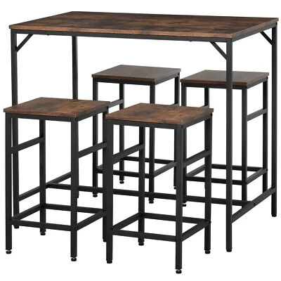 5 Piece Industrial Dining Room Set Bar Table and 4 Stools Chair for Pub Kitchen - Image 1 of 4
