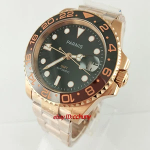 40mm PARNIS esfera negra cristal zafiro oro rosa fecha GMT reloj automático 2704 - Imagen 1 de 6